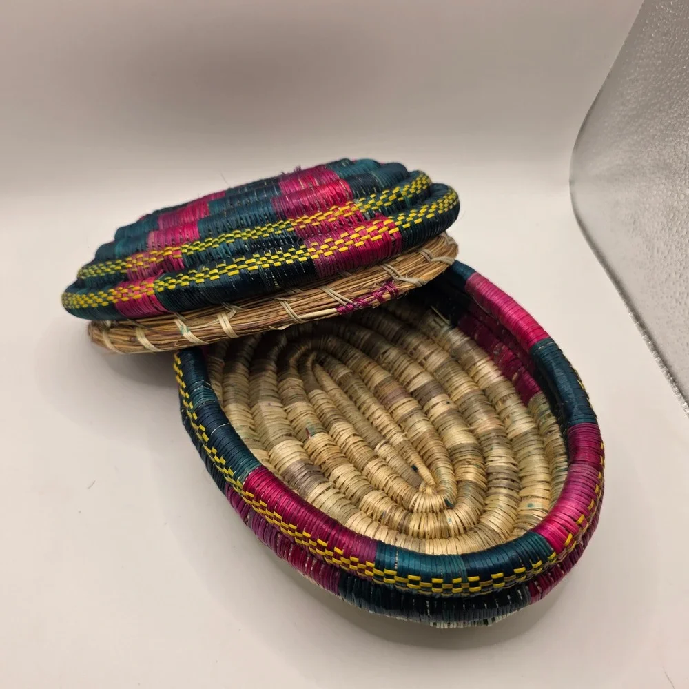 Handwoven Coiled Grass Muday Basket Ethiopian‎ Pink Green Yellow Boho Lidded Box